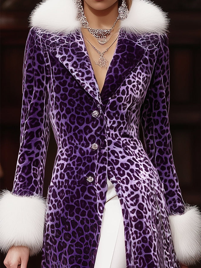 Long Velvet Leopard Coat in Purple with Faux Rabbit Fur