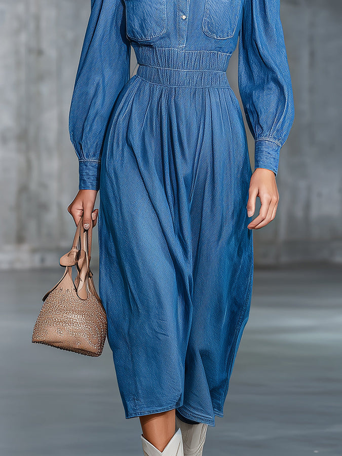 Robe Midi en Jean à Encolure Ronde - Confort Élastique et Style Décontracté