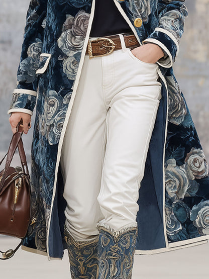 Veste en velours rose à motifs floraux avec bordure contrastante et col rétro