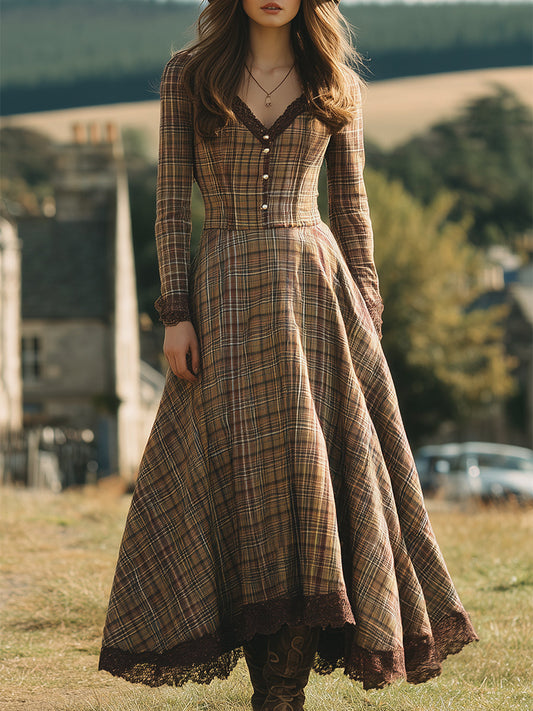 Robe Maxi V-Neck en Dentelle à Motif Carreaux - Teinte Marron Époustouflante