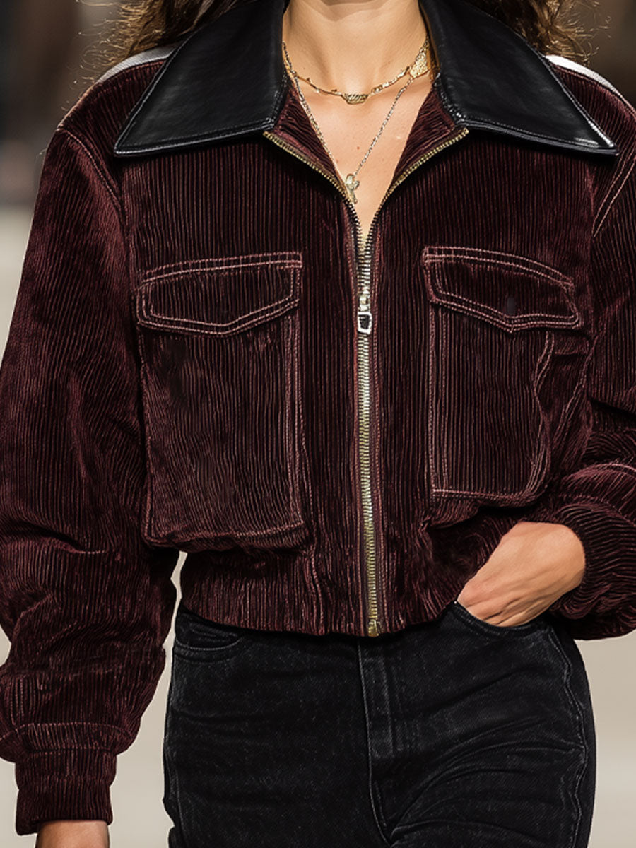 Veste zippée en velours côtelé avec col carré en cuir synthétique