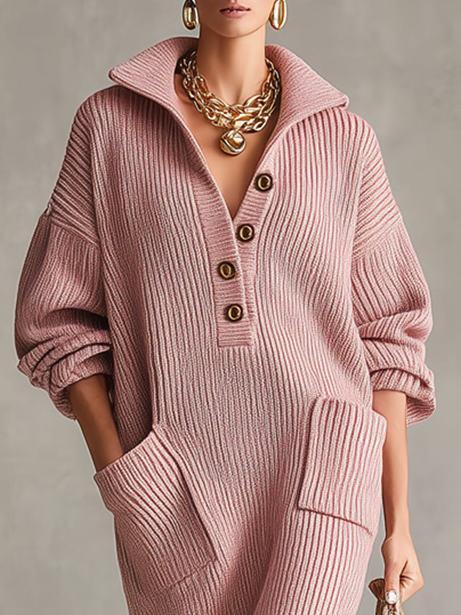 Robe Midi Tricotée à Col Montant Décontracté avec Poches Doubles
