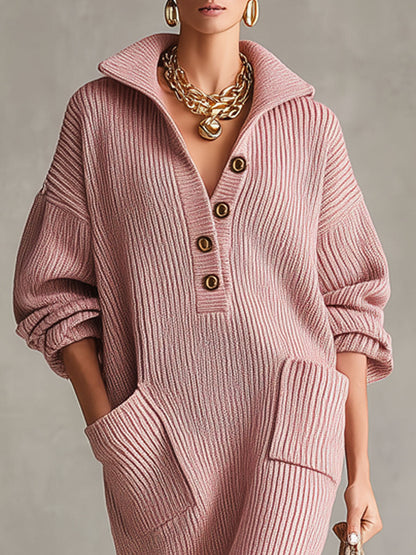 Robe Midi Tricotée à Col Montant, Demi-Ouvert et Poches Pratiques