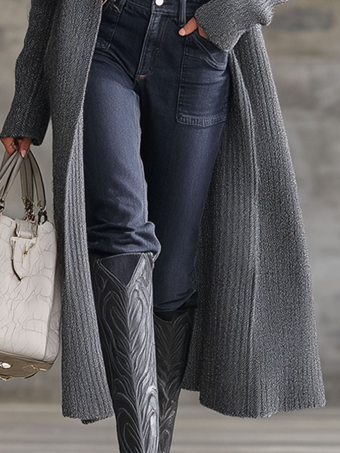 Cardigan à Capuche Vintage en Tricot Gris - Élégance Décontractée