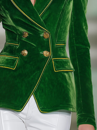Veste en Velours Vert Éclatante avec Détails en Toile Dorée
