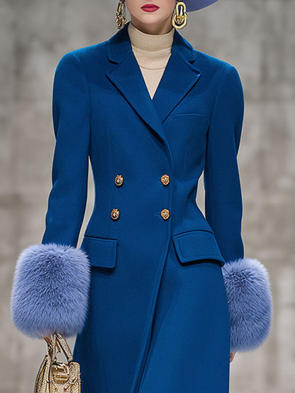Élégant Manteau Bleu en Laine avec Manches en Velours Chic