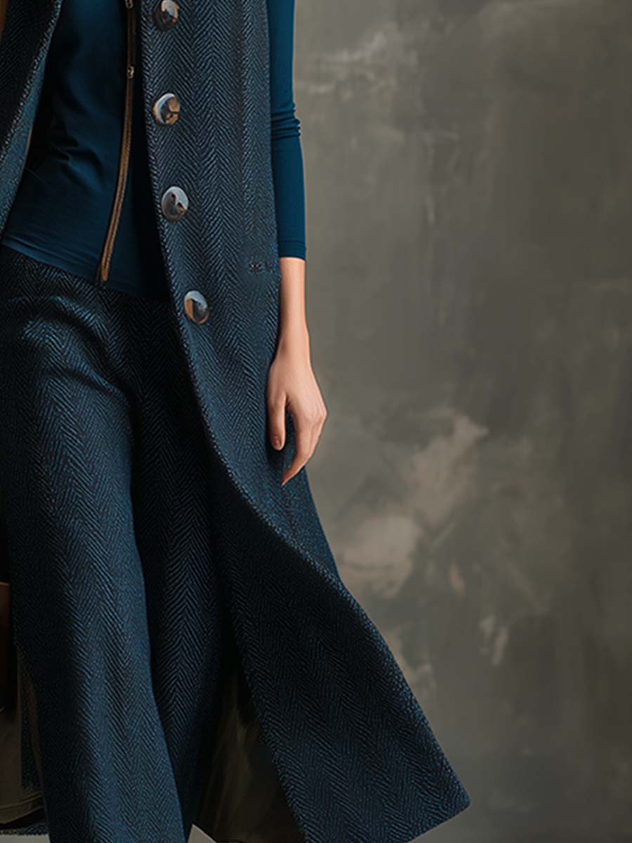Élégant Gilet Long en Herringbone Bleu Texturé - Style Vintage