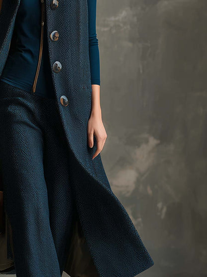 Élégant Gilet Long en Herringbone Bleu Texturé - Style Vintage