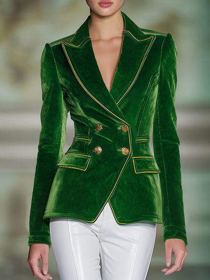 Veste en Velours Vert Éclatante avec Boutons en Toile Dorée