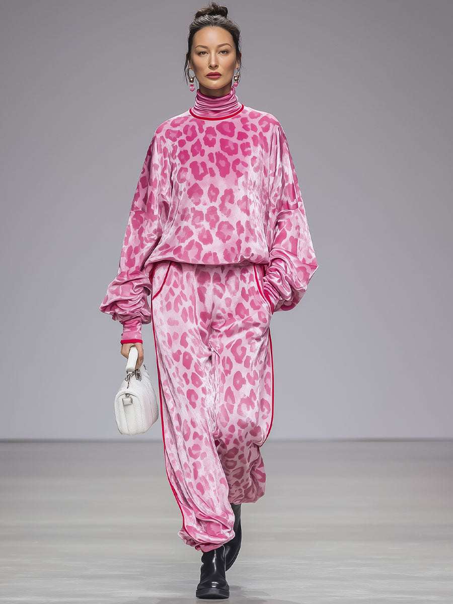Ensemble Velours Léopard Rose : T-shirt Col Roulé à Manches Longues et Pantalon