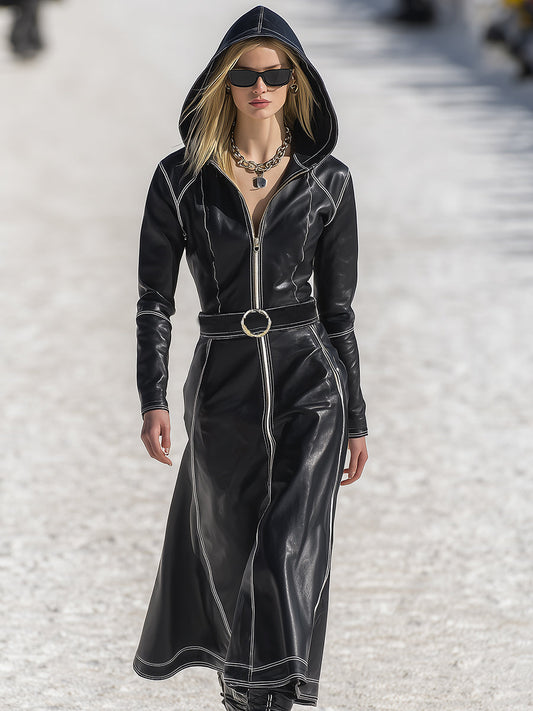 Maxi Robe Noire en Cuir Synthétique avec Capuche et Détails Vintage