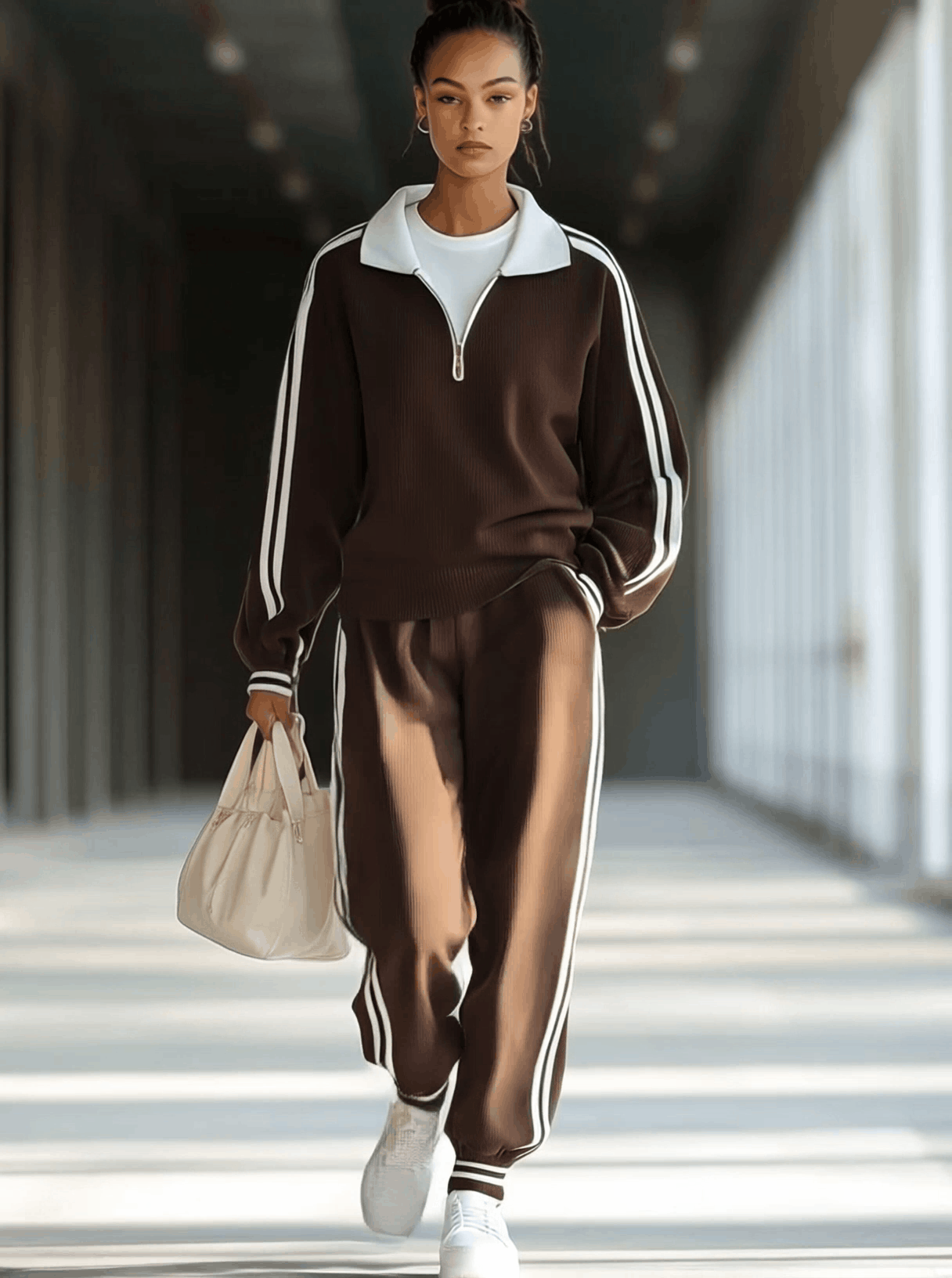 【Expédition en 24 heures】Ensemble de sweat-shirt rétro à rayures avec col polo zippé - Style décontracté idéal pour le sport