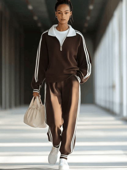 【Expédition en 24 heures】Ensemble de sweat-shirt rétro à rayures avec col polo zippé - Style décontracté idéal pour le sport