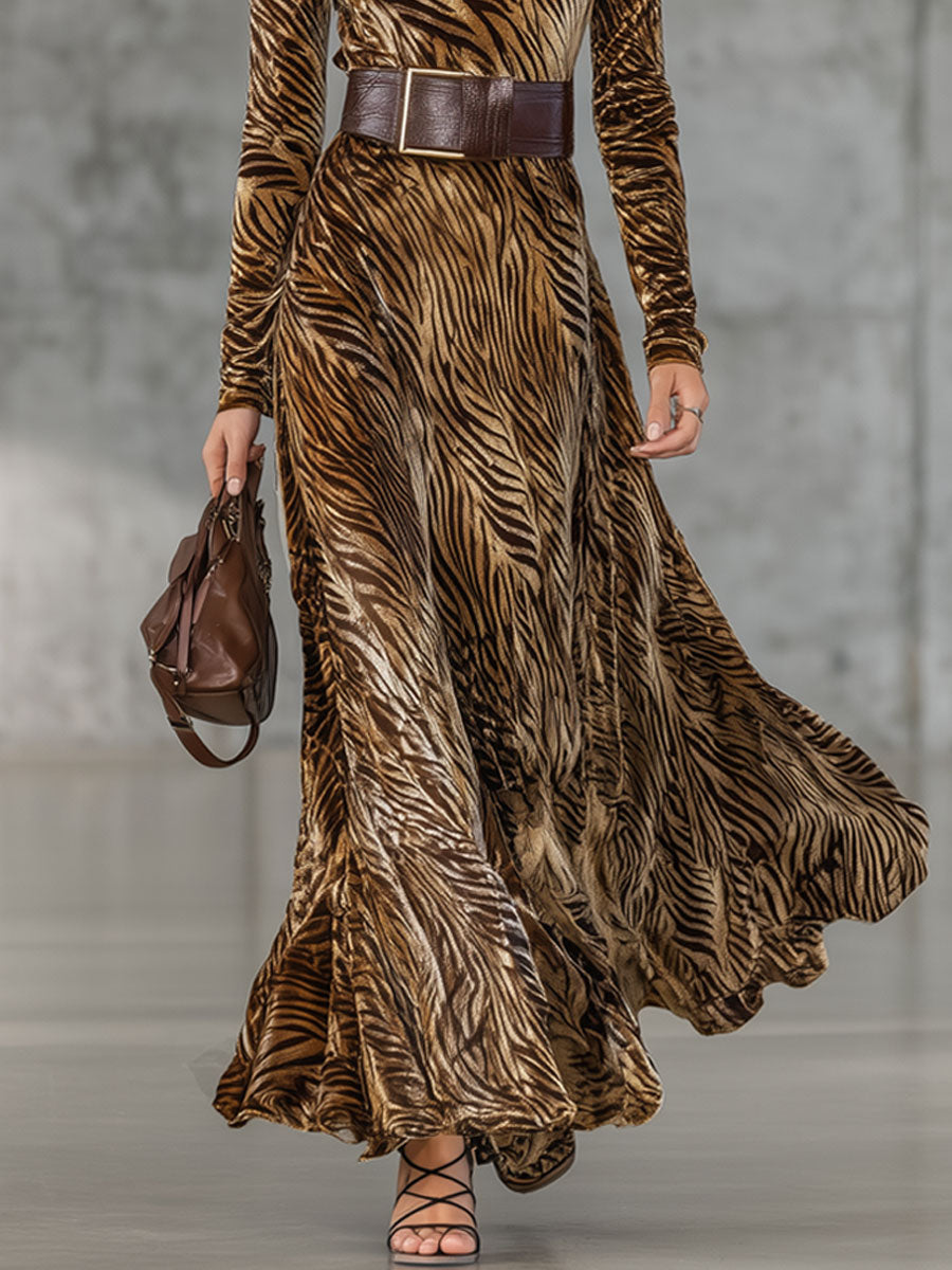 Robe Maxi Velours Doré Imprimé Zèbre avec Lacets - Style Western Rétro