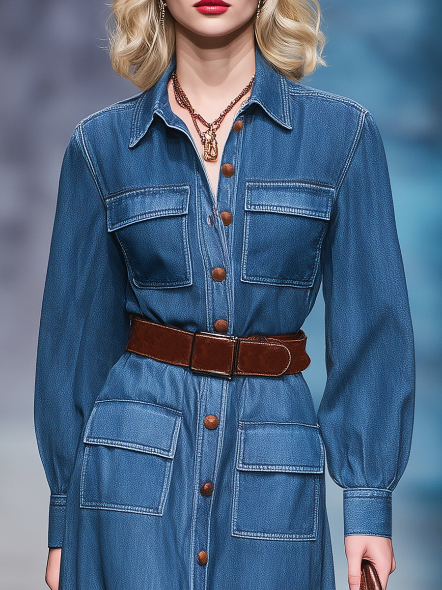 Robe Midi en Jean Vintage Décontractée avec Poches Pratiques et Col Boutonné