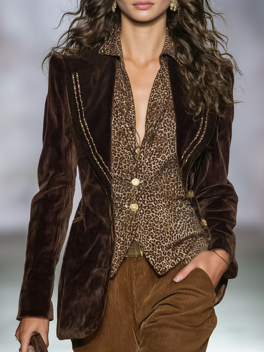 Veste Vintage en Velours Côtelé avec Détails en Ruban Doré et Boutonnage Simple