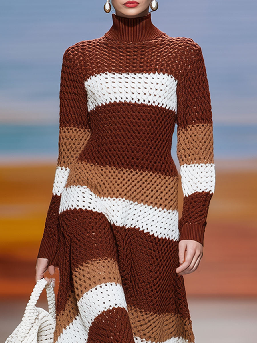 Robe Midi Tricotée Rétro à Rayures - Col Montant et Manches Longues