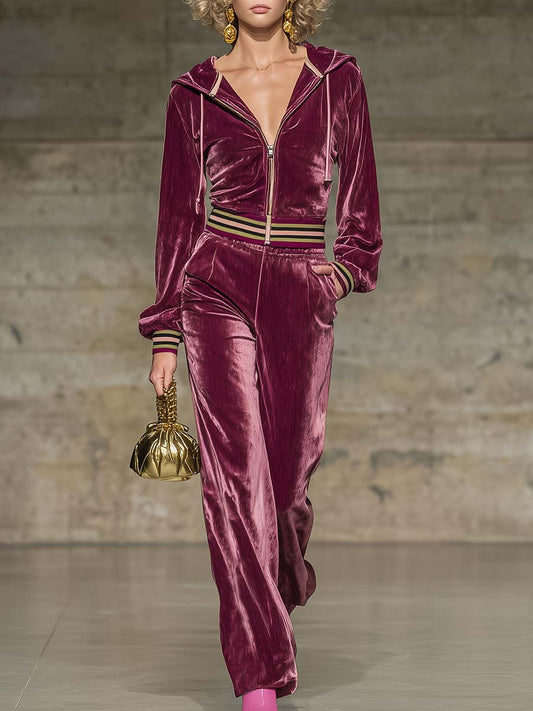 Ensemble Vintage en Velours Rouge Bourgogne : Sweat à Capuche avec Fermeture Éclair et Pantalon Chic