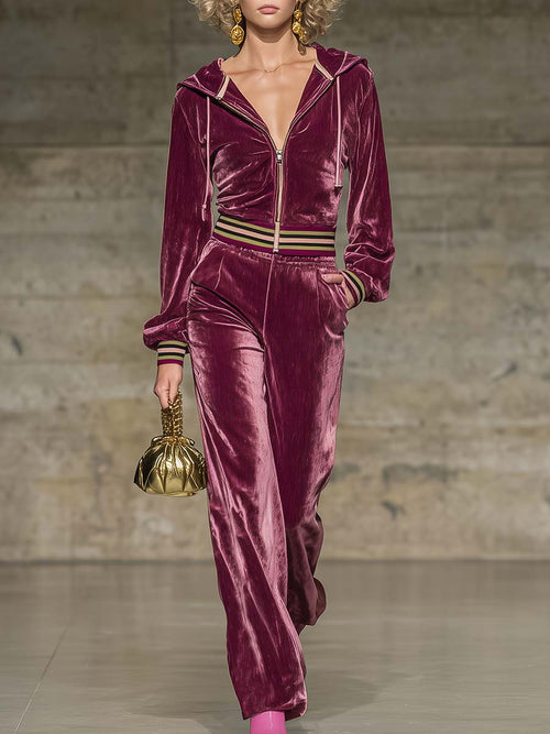 Ensemble Chic en Velours Bourgogne : Haut et Pantalon à Capuche avec Zip