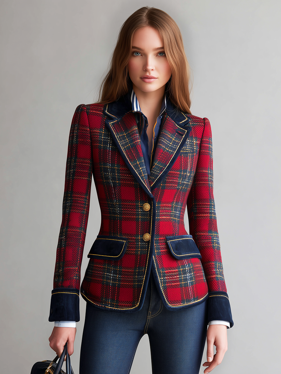 Veste Vintage à Carreaux avec Fermeture Simple