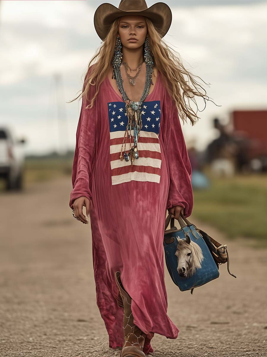 Robe Maxi Décontractée en Coton Rose avec Imprimé Drapeau Vintage - Livraison en 24 Heures