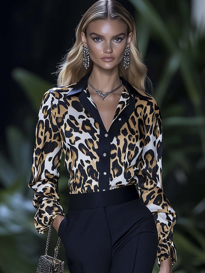 Chemise Satinée Imprimée Léopard avec Finitions Élégantes en Noir