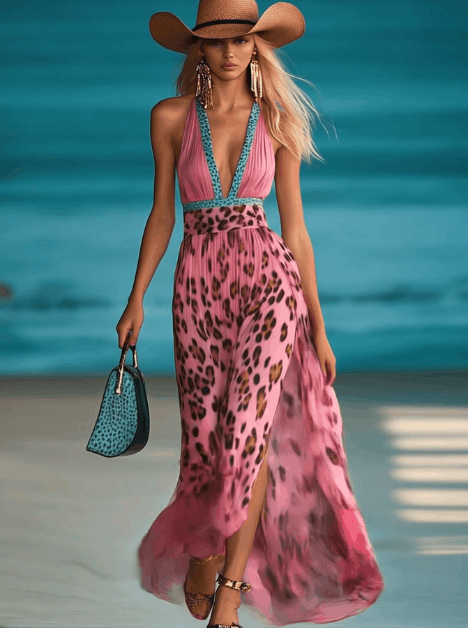 Robe Maxi en Chiffon Rose à Imprimé Léopard - Décolleté en V et Détails Colorés | Expédition Rapide sous 24h