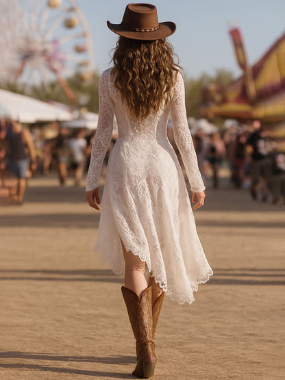 Robe Midi Élégante Rétro en Dentelle Blanche à Manches Longues avec Fente Chic
