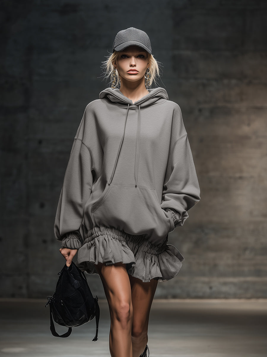 Robe Mini Sweat Grise à Capuche avec Ourlet Élastique - Élégance Décontractée et Tendance