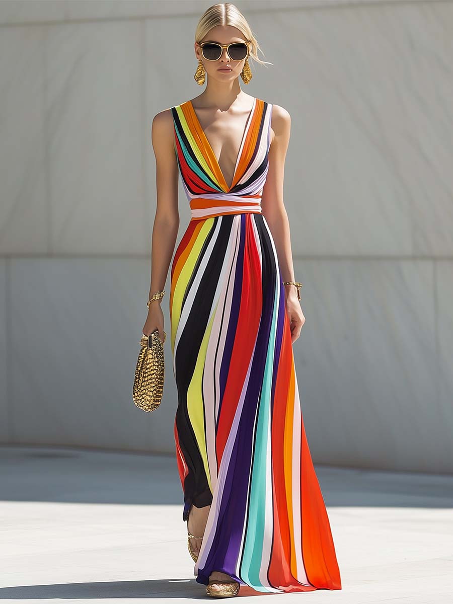 Robe Maxi Chiffon à Rayures Arc-en-Ciel avec Décolleté en V - Expédition Rapide en 24 Heures