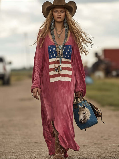 Robe Maxi en Coton Rose à Manches Longues - Imprimé Drapeau Vintage, Expédition Rapide en 24 Heures !