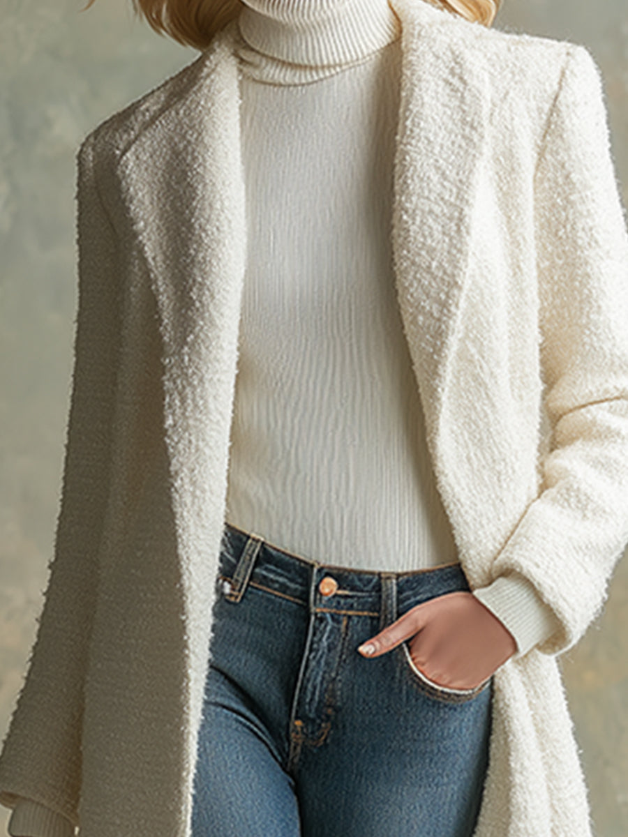 Élégant Manteau Mi-Long en Tweed Blanc : Douceur et Style