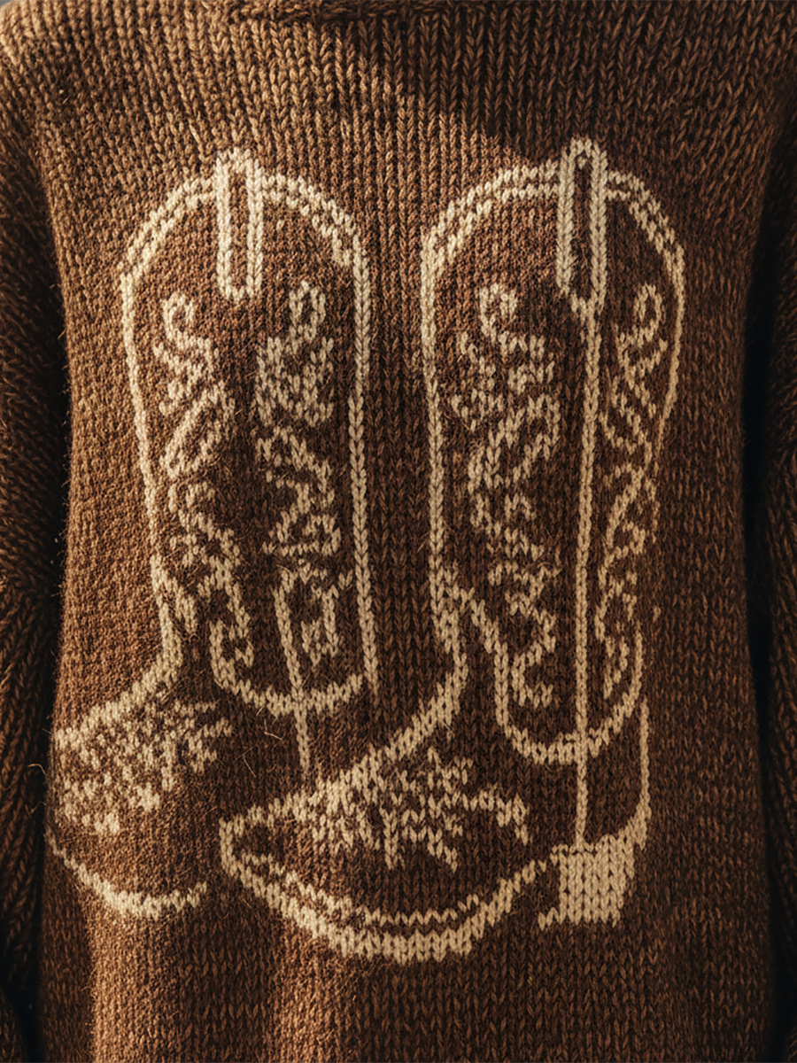 Pull Vintage Col Rond à Motif de Bottes Western