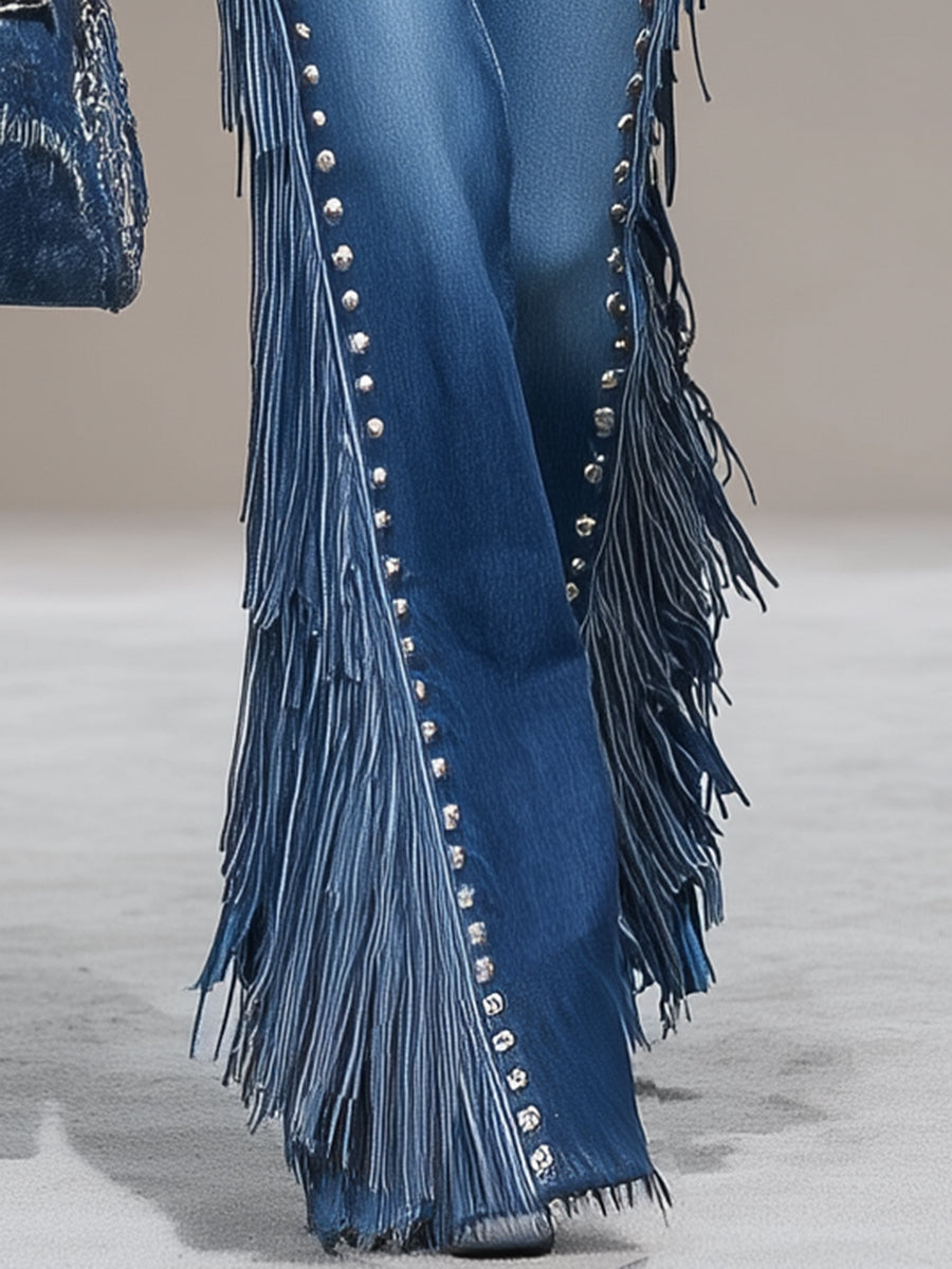 Jean Évasé Bleu Western avec Franges et Clous