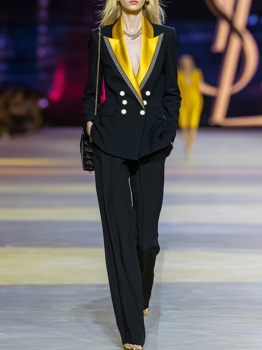 Veste Noir Élégante à Col Contrasté et Double Boutonnage