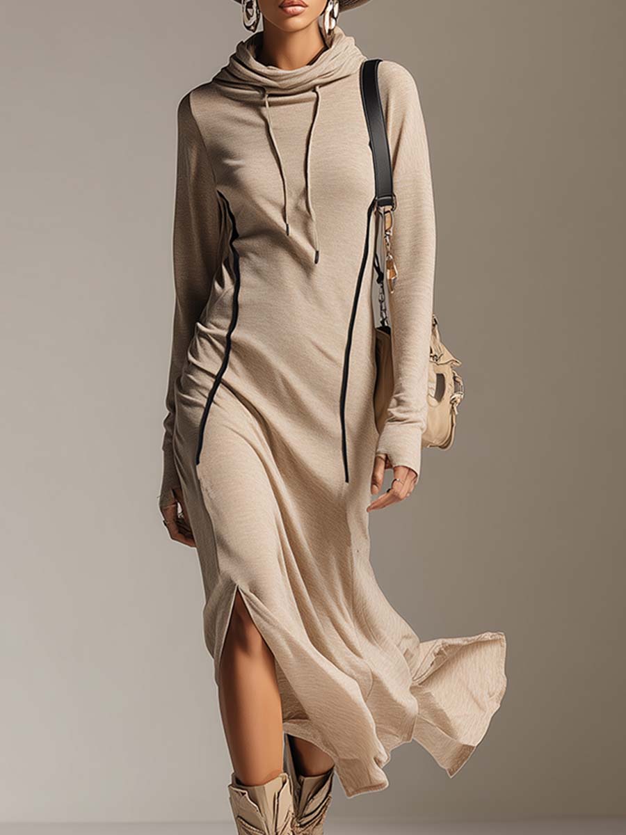 Robe Midi Sportive en Coton Stretch Abricot avec Capuche Décontractée