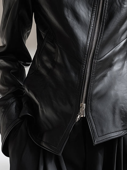 Veste en PU Noir avec Col Haut et Zip Latéral Chic