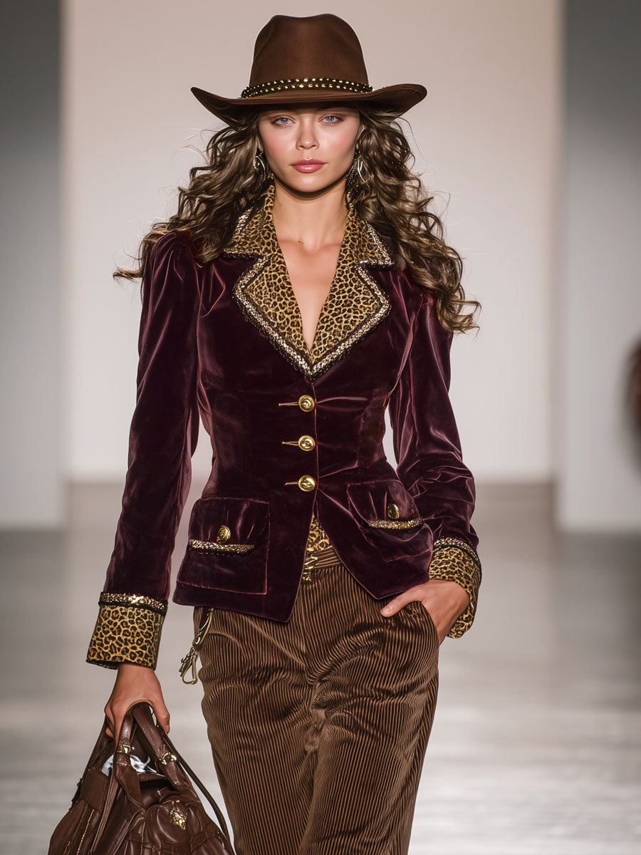 Veste en velours rétro à imprimé léopard avec contraste et bouton unique