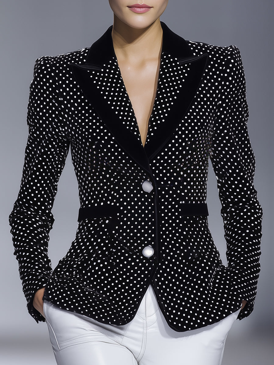 Veste en Velours Noir à Pois Blancs