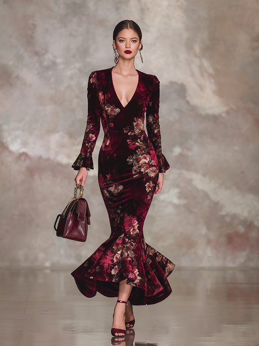 Robe Maxi en Velours Floral avec Décolleté en V et Manches Longues à Volants