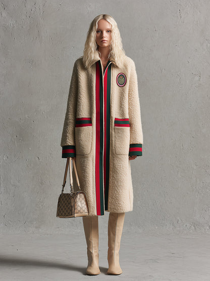 Élégant Manteau Beige en Fausse Laine de Mouton avec Col Chic