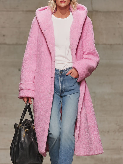 Veste en polaire rose avec capuche, double poches et fermeture à bouton
