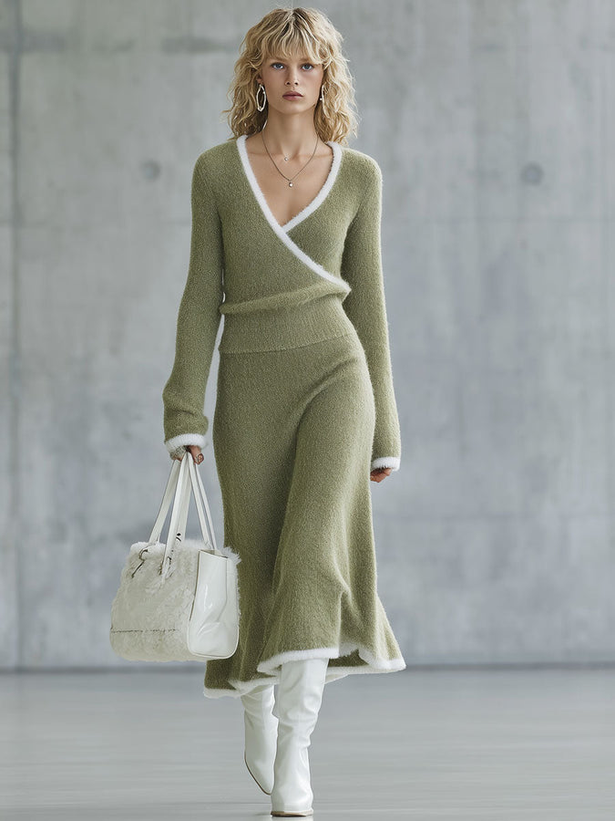Ensemble Rétro en Laine Tricotée : Jupe Longue et Pull Vert Clair
