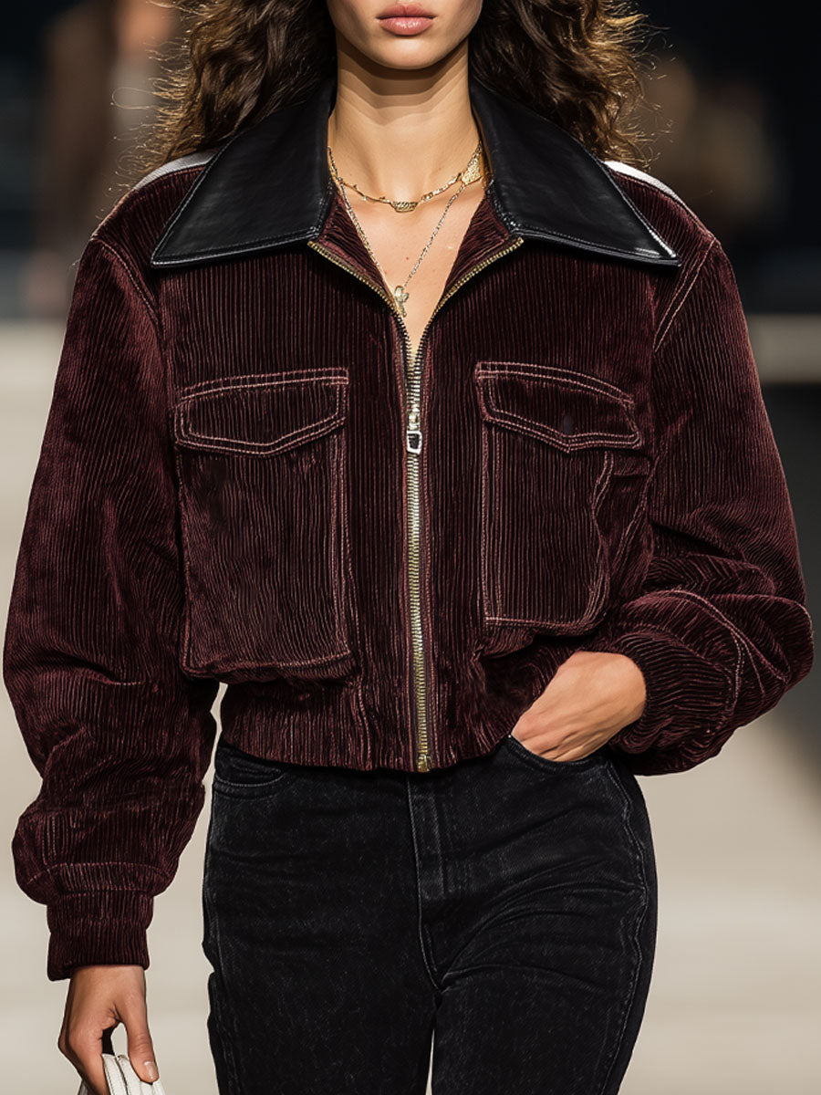 Veste zippée en simili cuir avec col carré et poches en velours côtelé