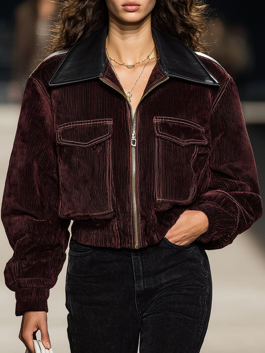 Veste zippée en simili cuir avec col carré et poches en velours côtelé