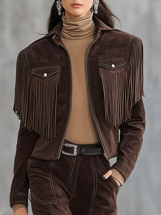 Ensemble Western Vintage : Veste en Suédine Cocoa Brun à Franges et Pantalon Droit