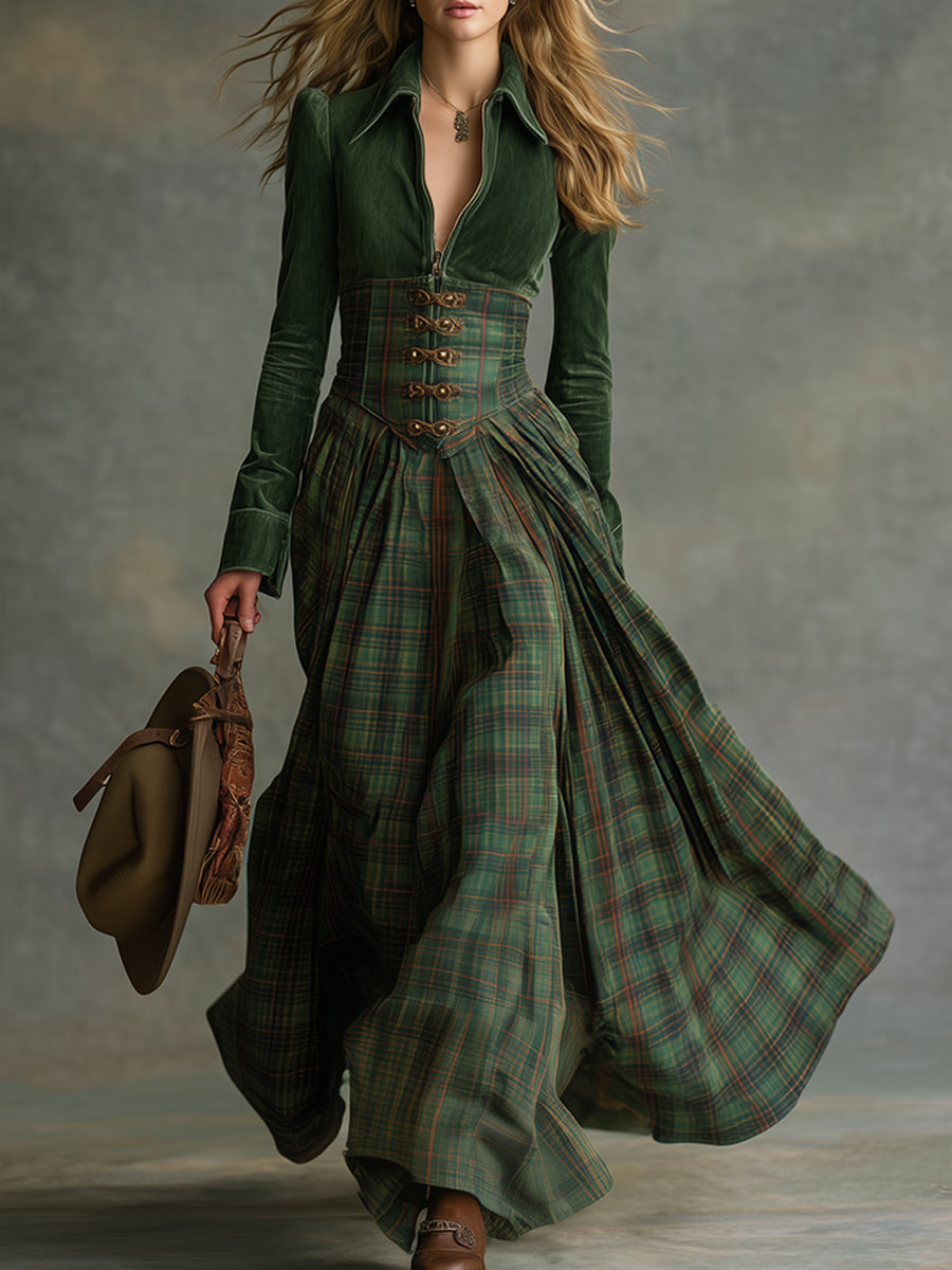 Robe Maxi en Suédine Verte Ethnique avec Col Plaid - Style Rétro