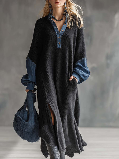 Robe Maxi Noire en Tricot Décontractée avec Accents en Denim