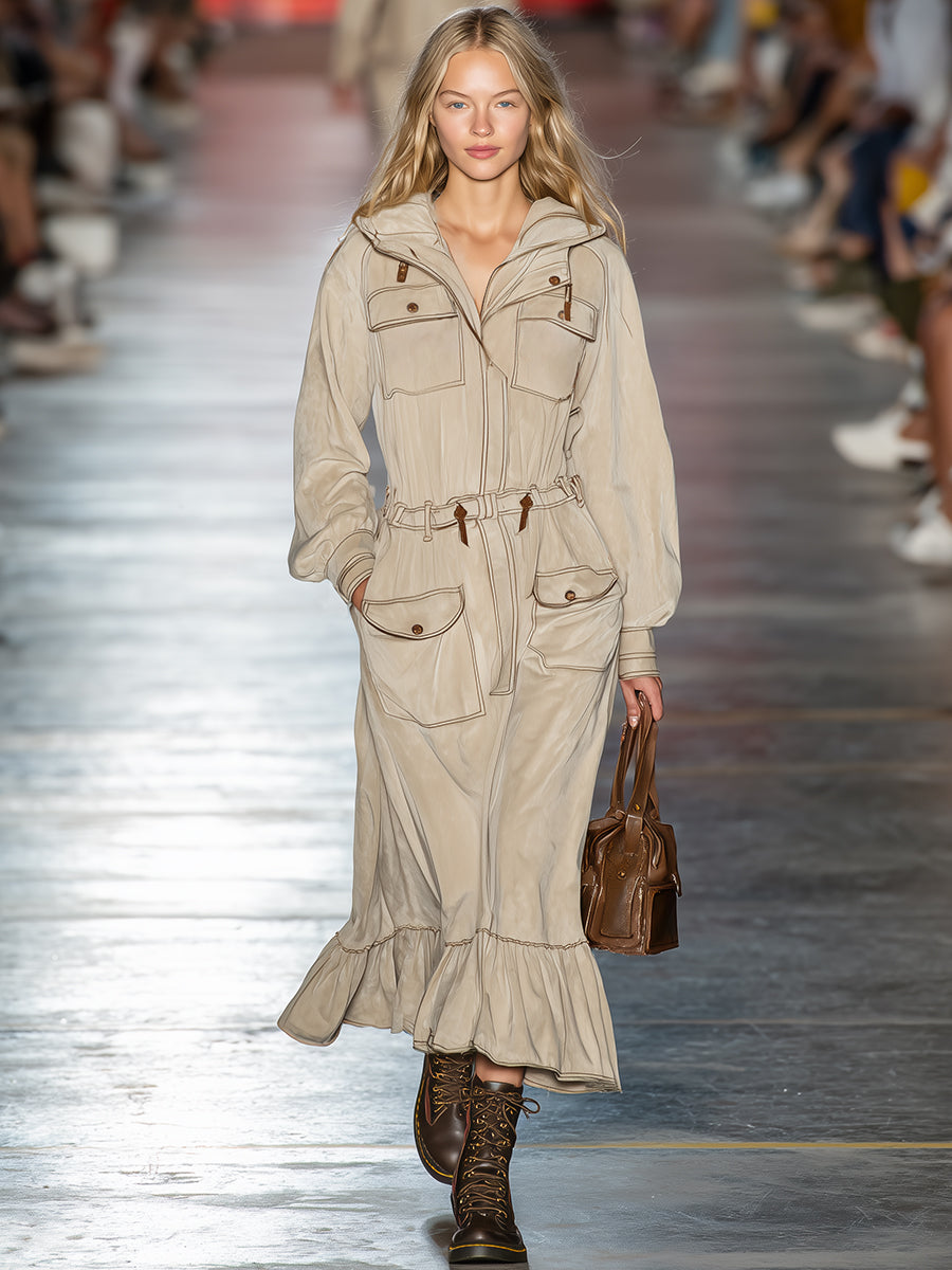 Robe Maxi Kaki Clair à Capuche avec Détails Rétro et Poches Pratiques