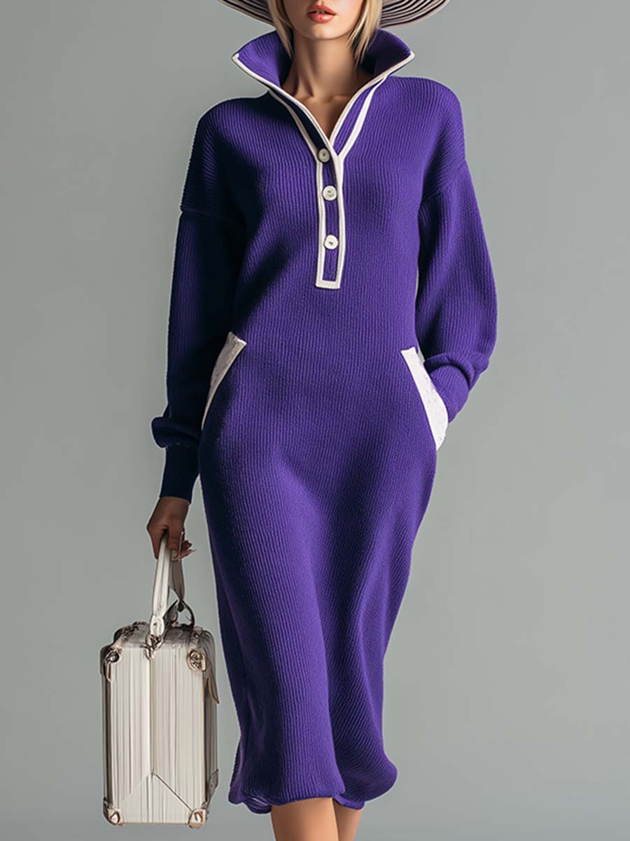 Élégante Robe Midi Tricotée Violet à Col Montant et Boutons